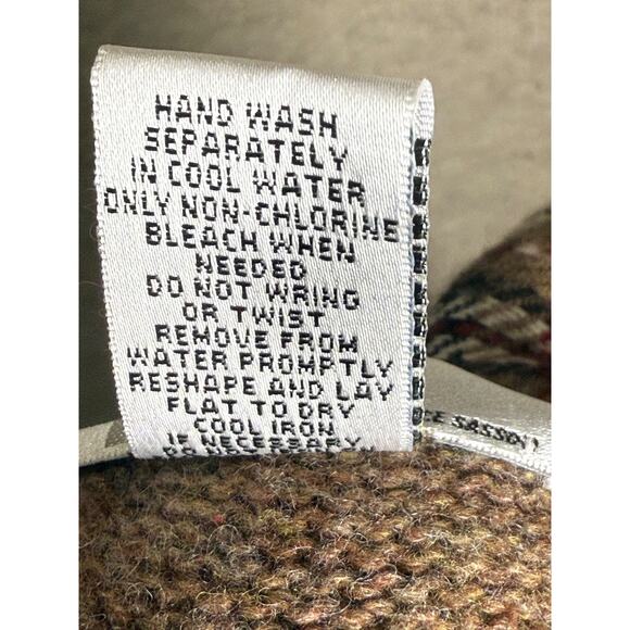 Christmas Sweater Cardigan Brown Wool Blend Plaid Collar Sz L Kikit Cottage Vtg - Picture 8 of 8